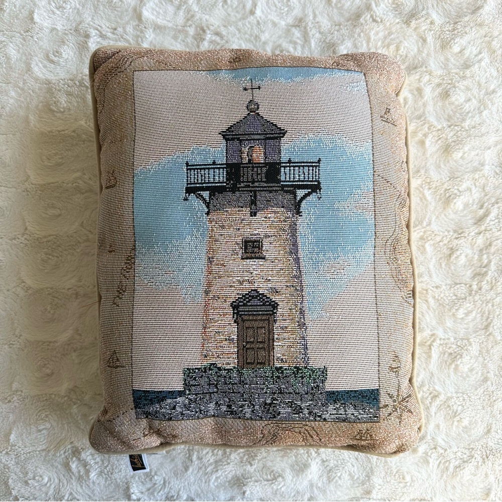 Vintage Lighthouse Needlepoint Pillow 12x15 Beige Blue Tapestry Nautical Coastal
